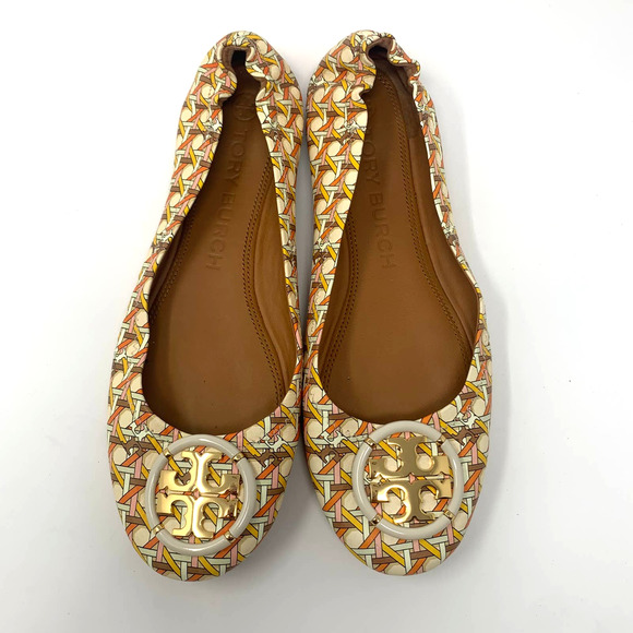 Tory Burch Shoes - Tory Burch Minnie Embellished Logo Print Leather Ballet Flats Cream Size 8M